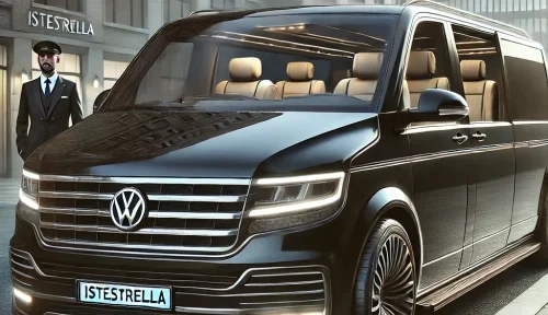 DALL·E 2024-06-27 16.11.00 – A VIP transporter vehicle, sleek and elegant, with a black exterior and tinted windows. The vehicle should have a spacious, comfortable interior featu